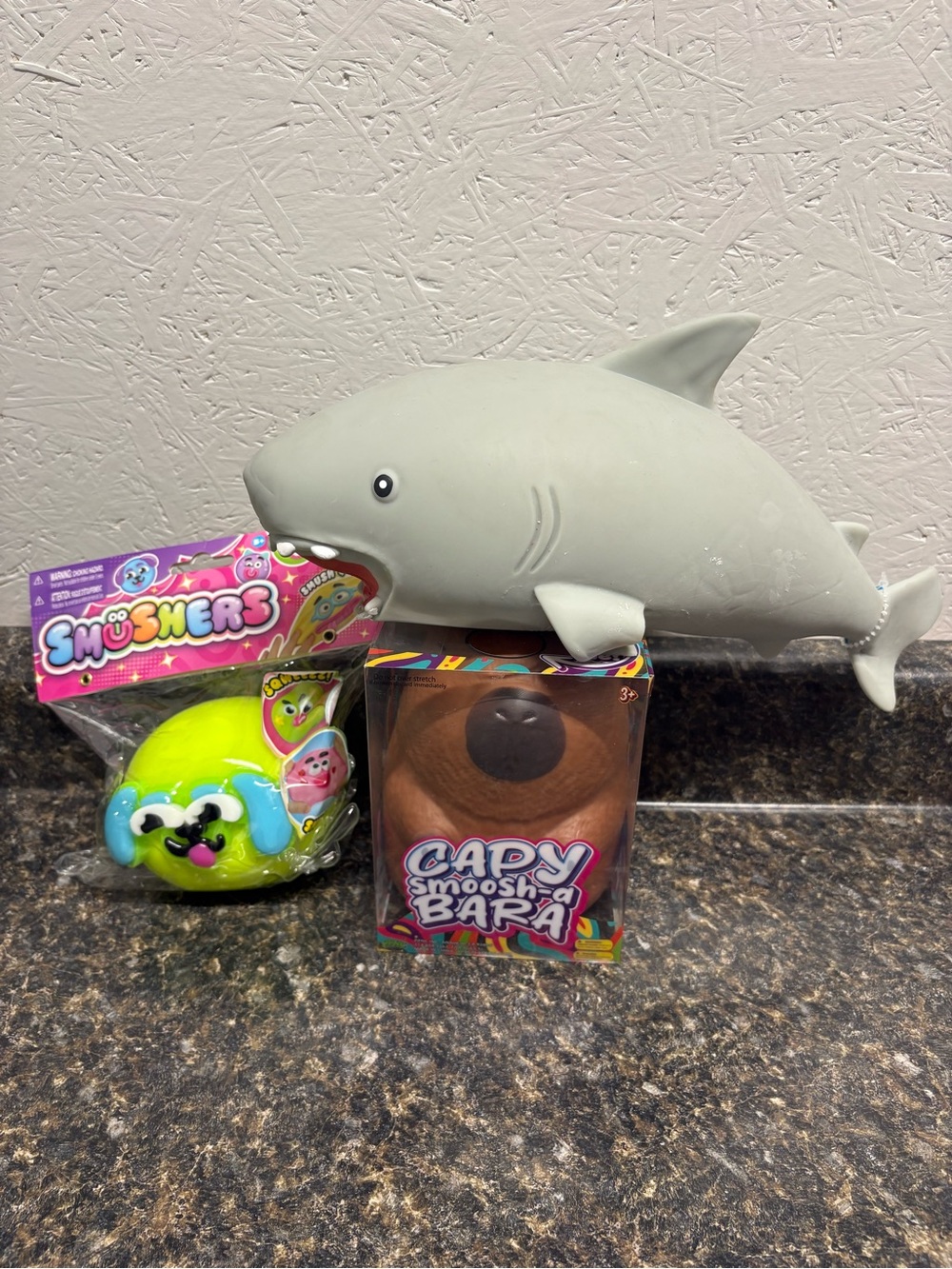Squishy and Smushers Lot. Green Dog Smusher, Brown Capybara, Grey Shark